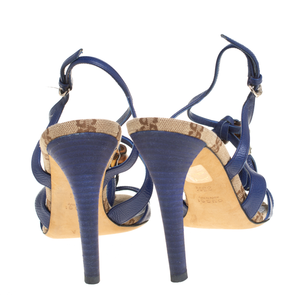 Gucci Blue Leather Bamboo Tassel Open Toe Ankle Strap Sandals Size 35.5