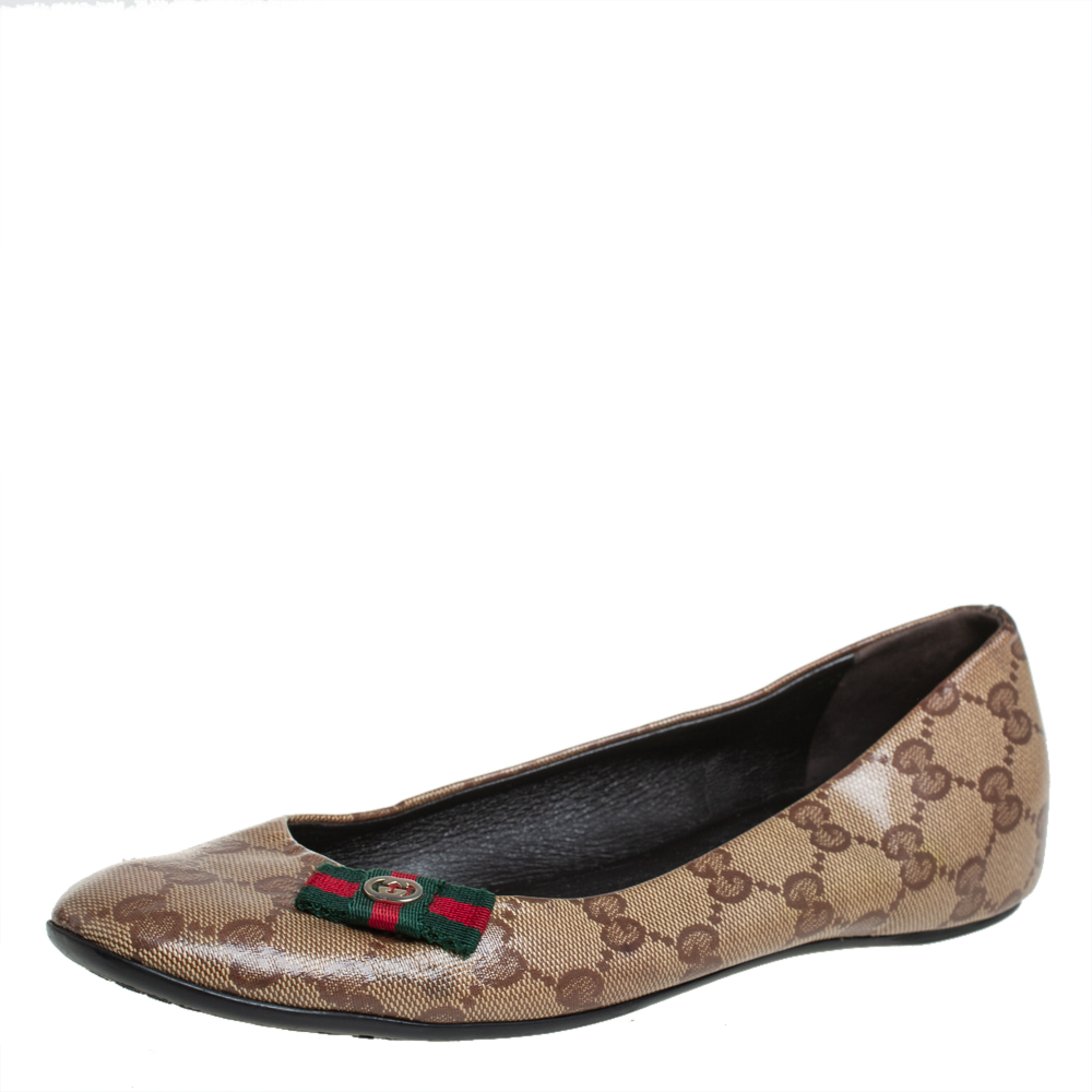 Gucci Brown/Beige GG Crystal Canvas Web Bow Ballet Flats Size 36.5