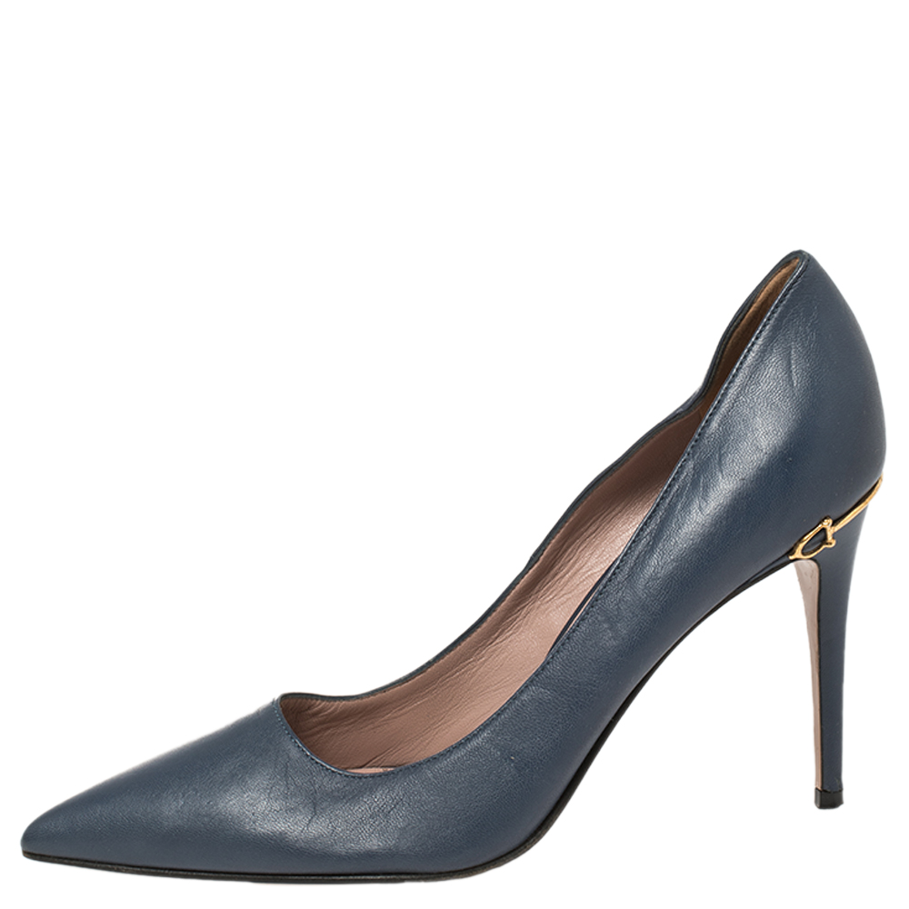 Gucci Blue Leather Adina Horsebit Pointed Toe Pumps Size 36