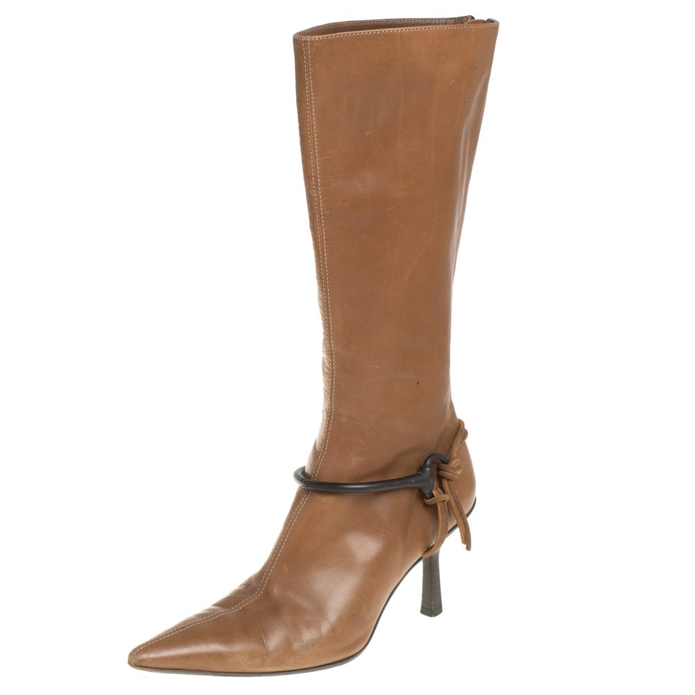 Gucci Brown Leather Mid Calf Signature Horsebit Boots Size 36