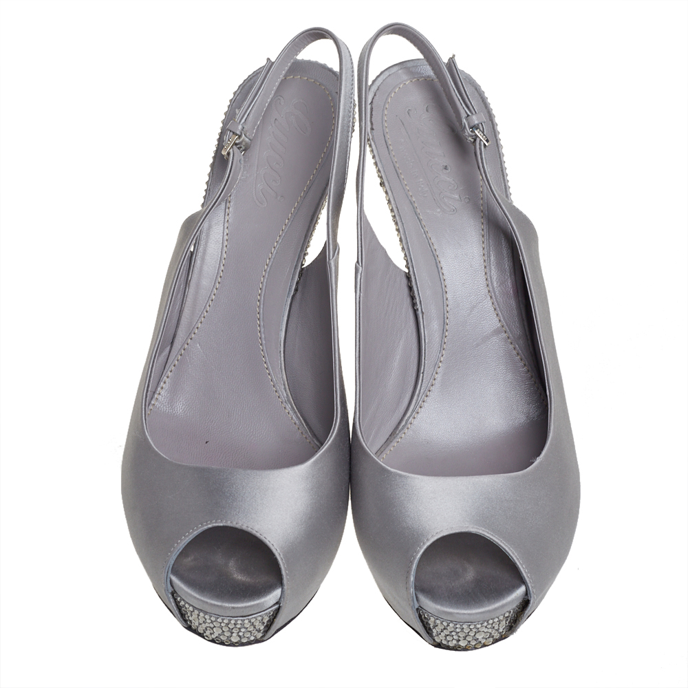 Gucci Grey Satin Crystal Embellished Slingback Sandals Size 38.5