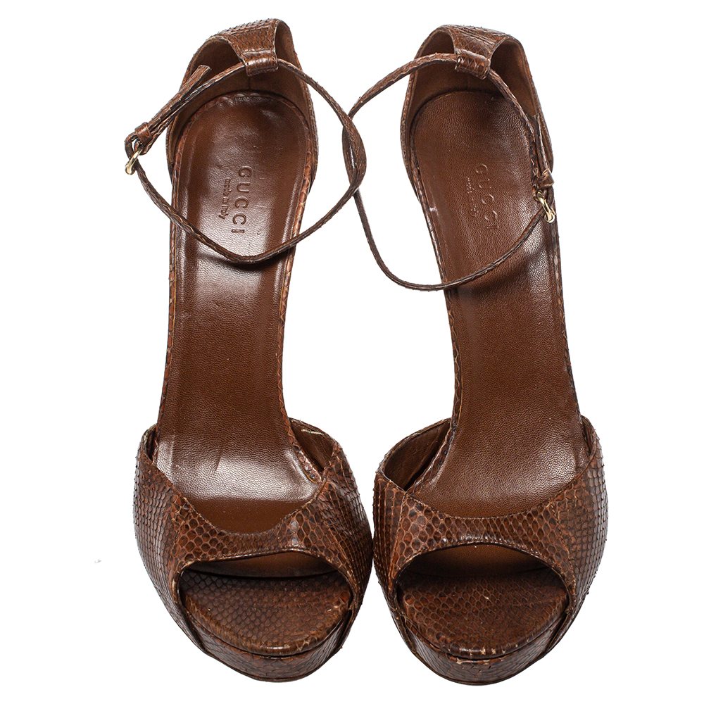 Gucci Brown Python Bamboo Heel Platform Ankle Strap Sandals Size 40