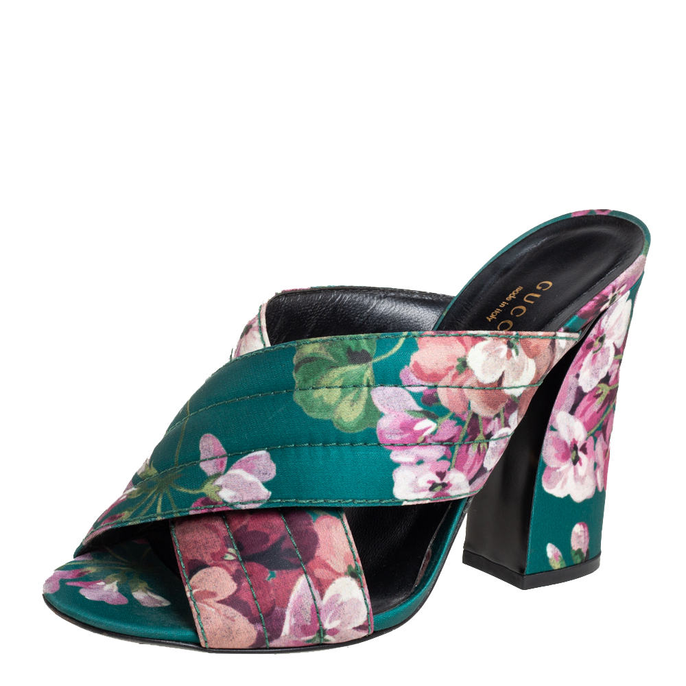 Gucci Green Floral Satin Crossover Mules Sandals Size 39