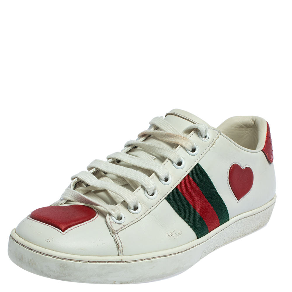 Gucci White Leather Ace Web Heart Detail Lace Up Sneakers Size 35.5