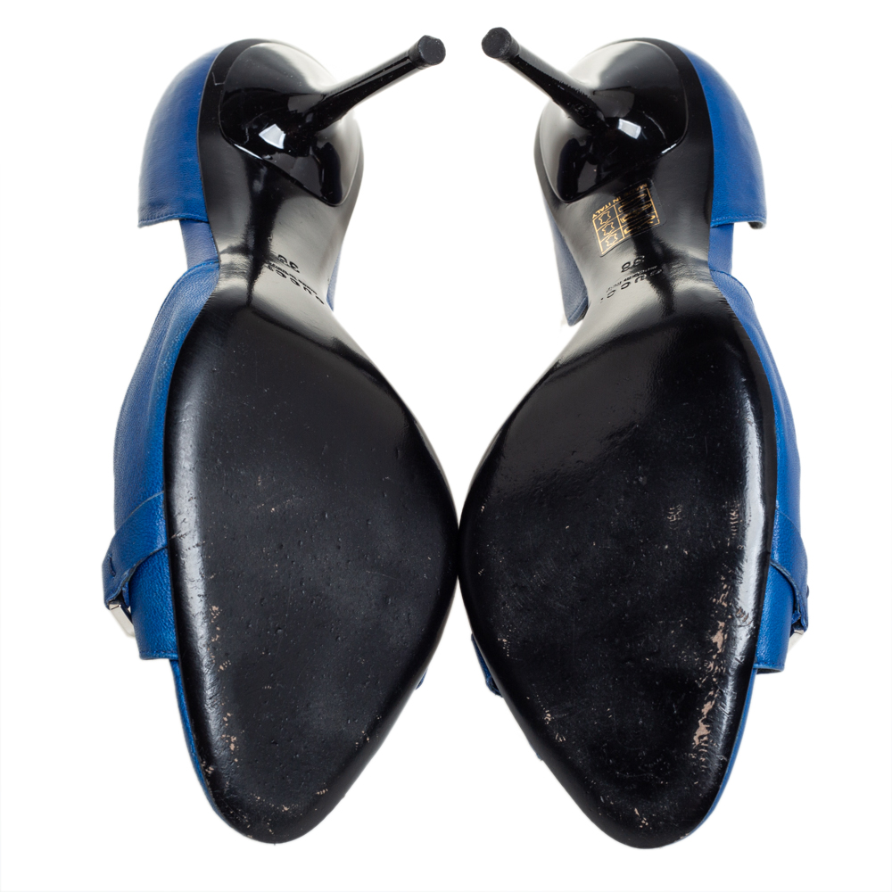 Gucci Blue Leather Horsebit Open Toe Pumps Size 38