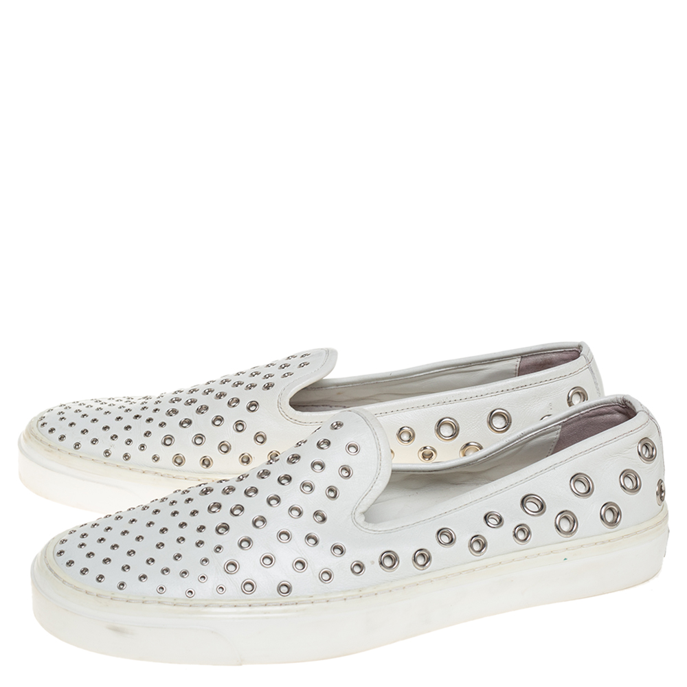 Gucci White Leather Eyelet Embellished Slip On Sneakers Size 38.5
