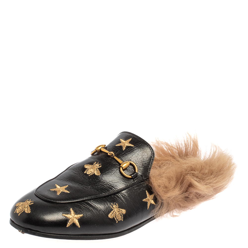 Gucci Black Bee And Star Embroidered Leather Fur Lined Princetown Horsebit Mules Size 38.5