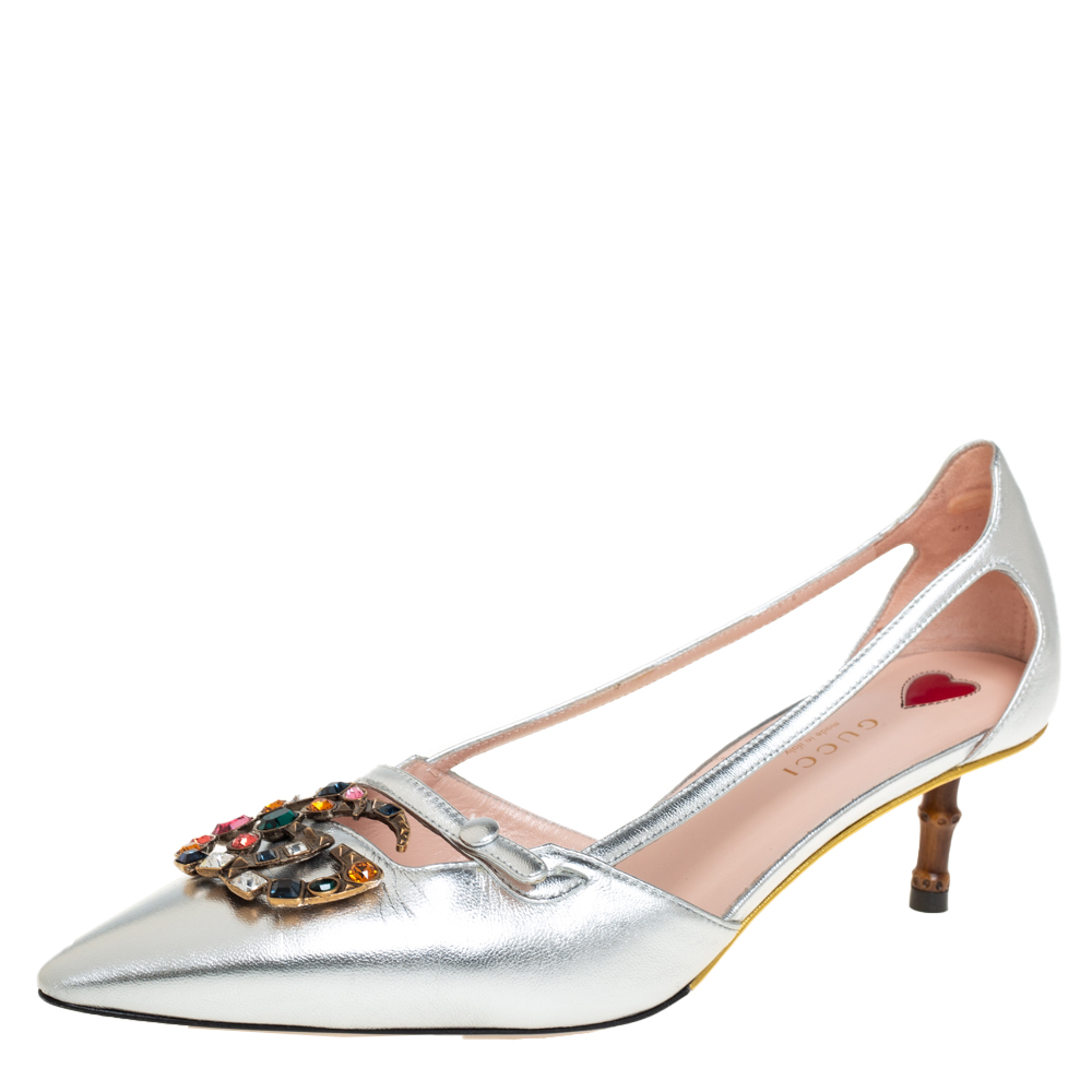 Gucci Silver Leather GG Crystal Bamboo Heel Pumps Size 39