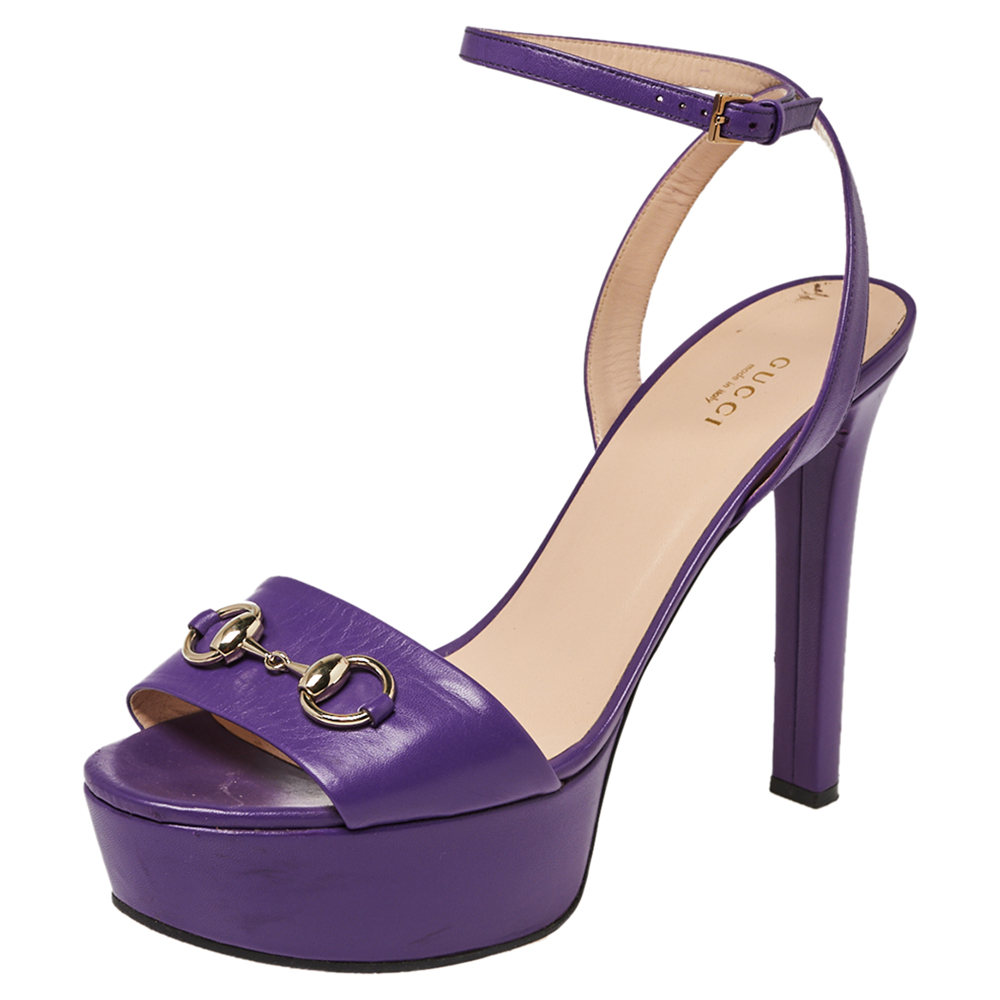Gucci Purple Leather Claudie Horsebit Peep Toe Platform Sandals Size 41