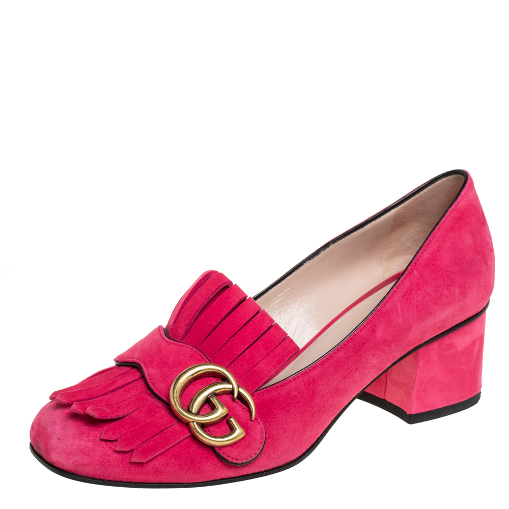 Gucci Pink Suede Double G Loafers Pumps Size 37