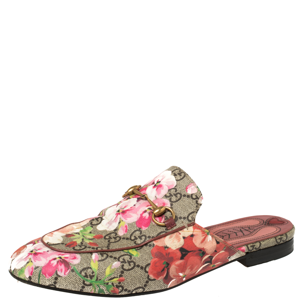 Gucci Beige Blooms Printed GG Canvas Princetown Mules Sandals Size 39
