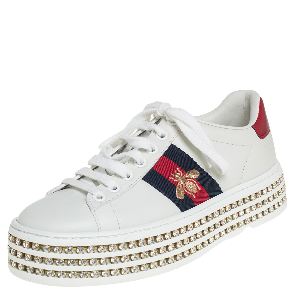 Gucci White Leather Ace Crystal Embellished Platform Sneakers Size 34