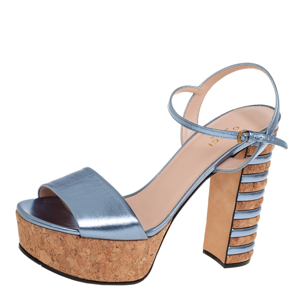 Gucci Blue Leather Claudie Ankle Strap Platform Sandals Size 38