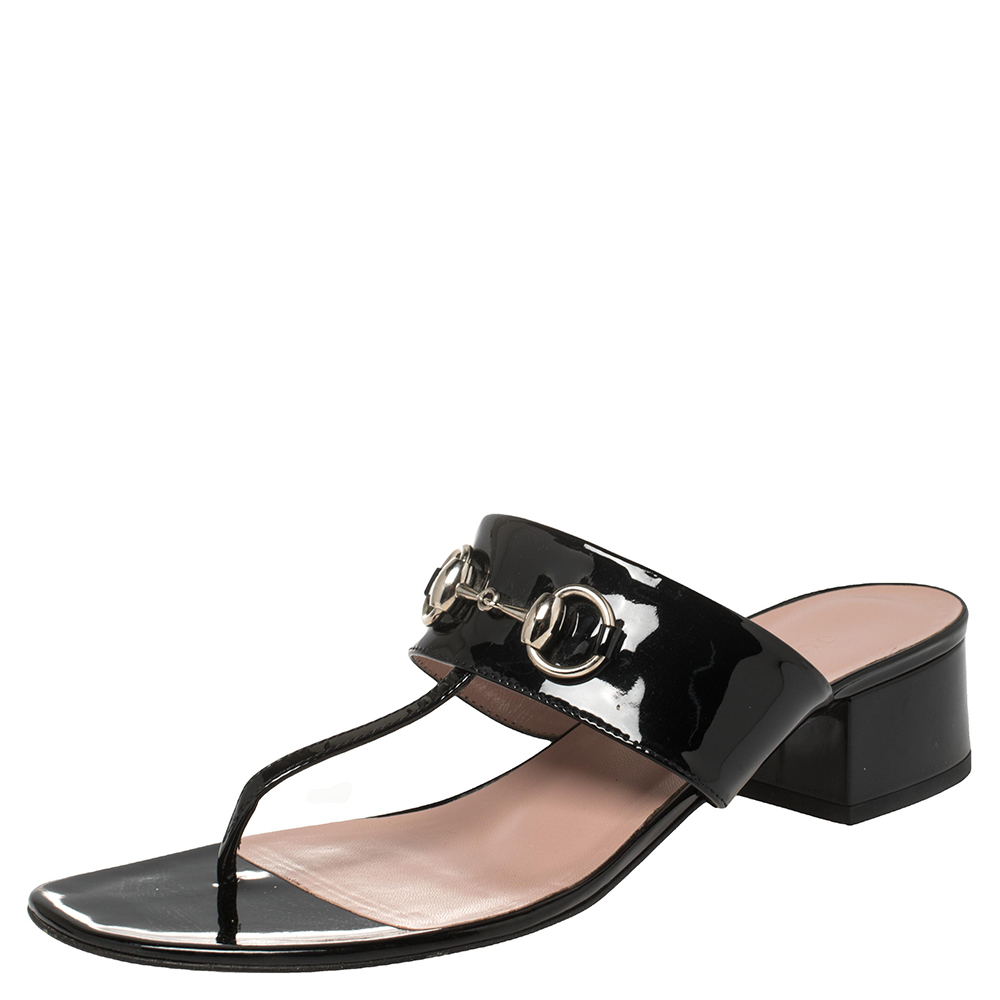 Gucci Black Patent Leather Horsebit Thong Sandals Size 38.5
