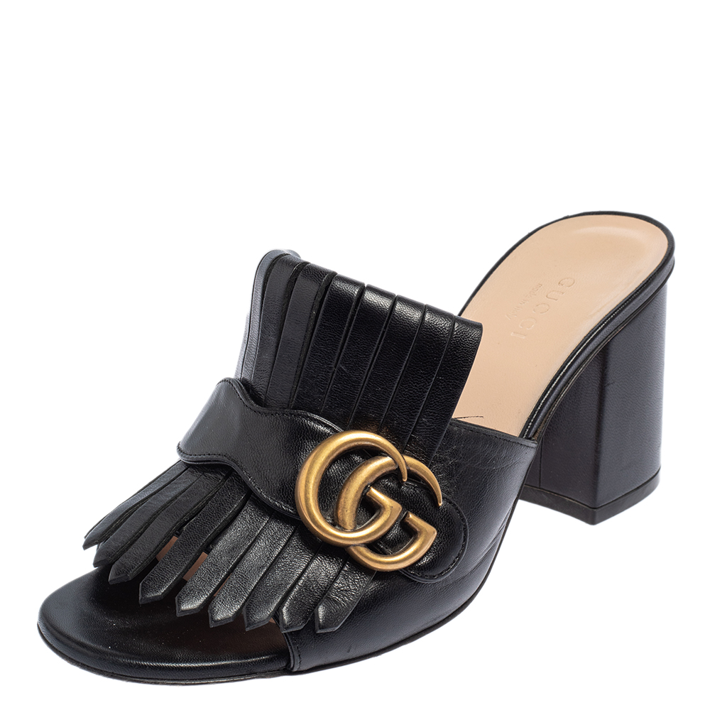 Gucci Black Leather GG Marmont Fringe Detail Open Toe Sandals Size 37
