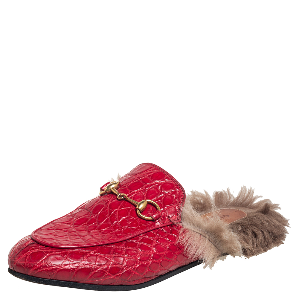 Gucci Red Crocodile Leather Fur Lined Princetown Horsebit Mules Size 36