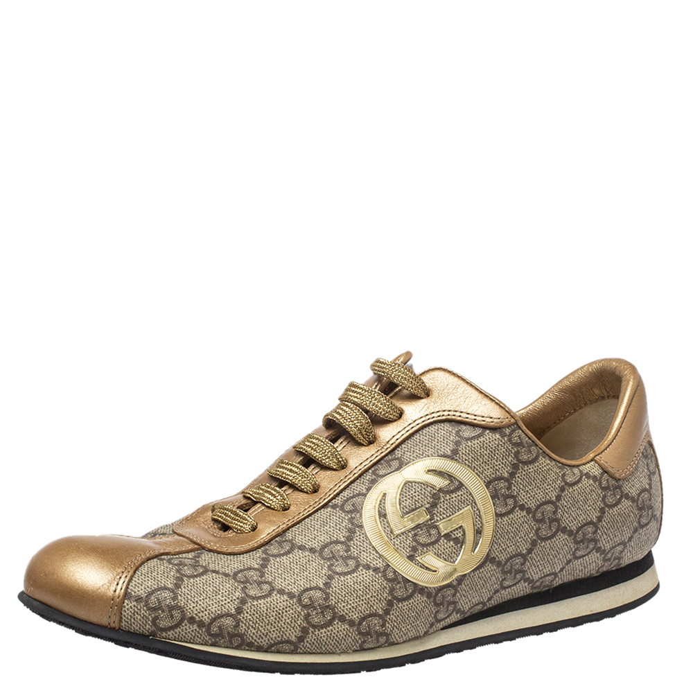 Gucci Gold/Beige Leather And GG Canvas Low Top Sneakers Size 37.5