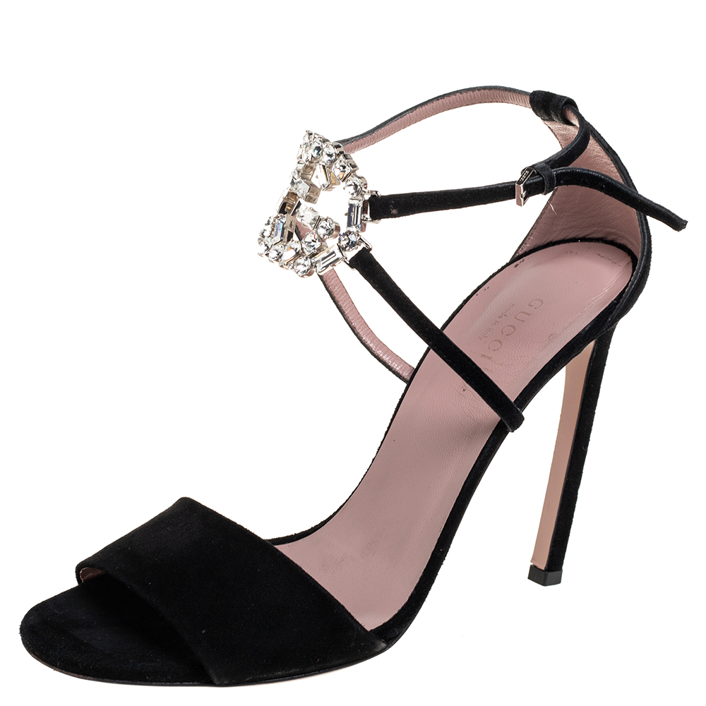 Gucci Black Suede Crystal Embellished GG Interlock Ankle Strap Sandals Size 39.5