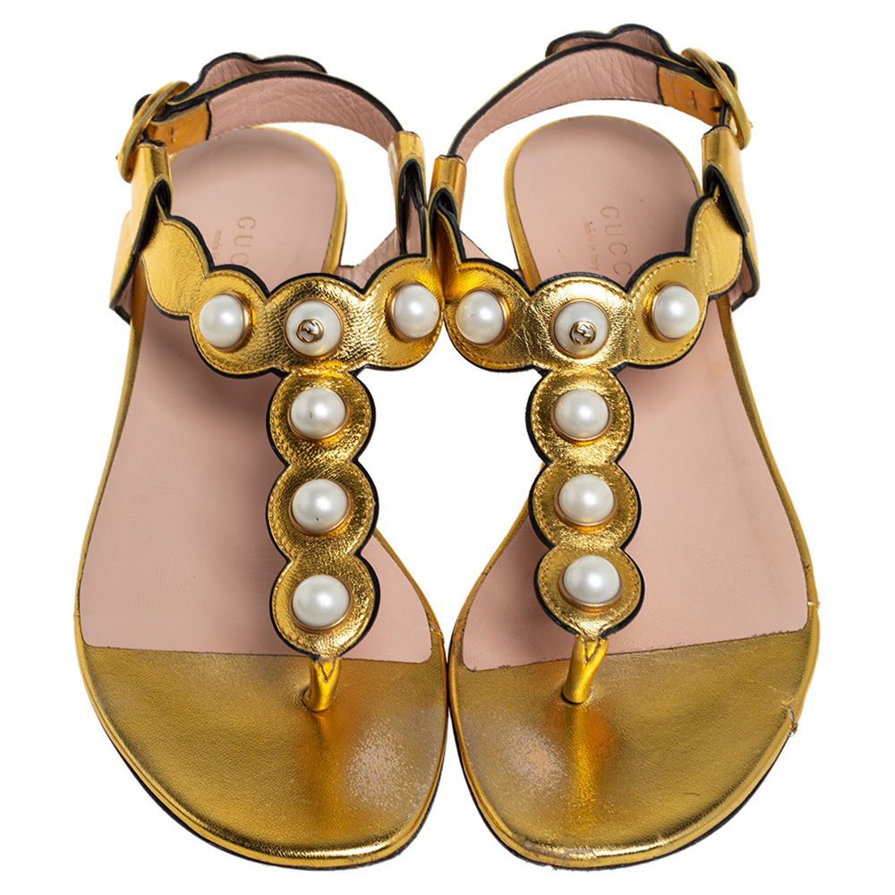 Gucci Gold Leather  Pearl T-Strap Sandals Size 36.5