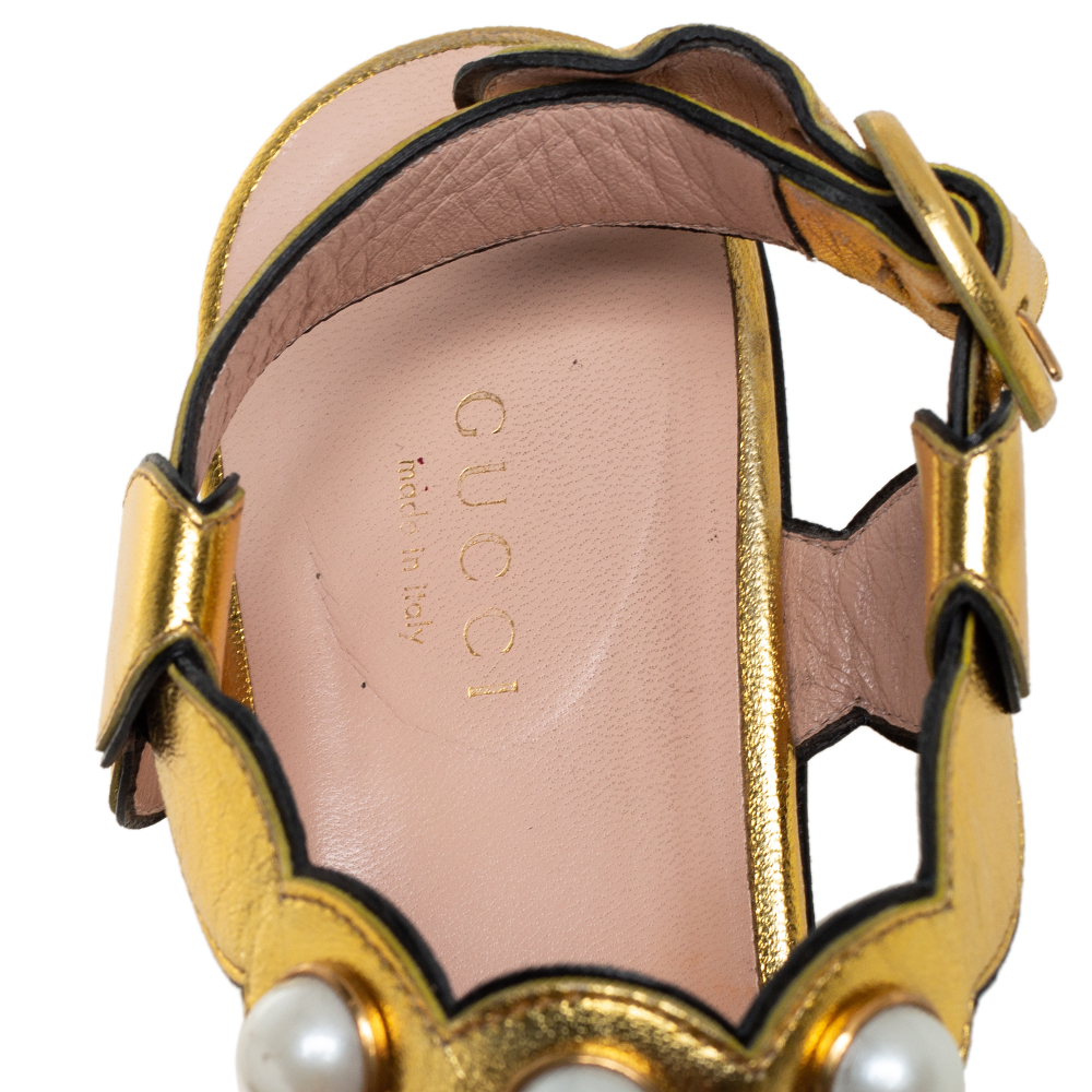 Gucci Gold Leather  Pearl T-Strap Sandals Size 36.5