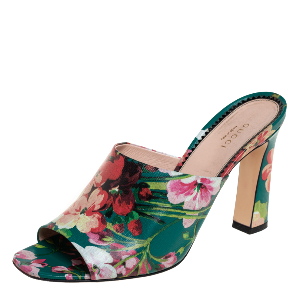 Gucci Multicolor Bloom Print Leather Shanghai Open Mules Size 39