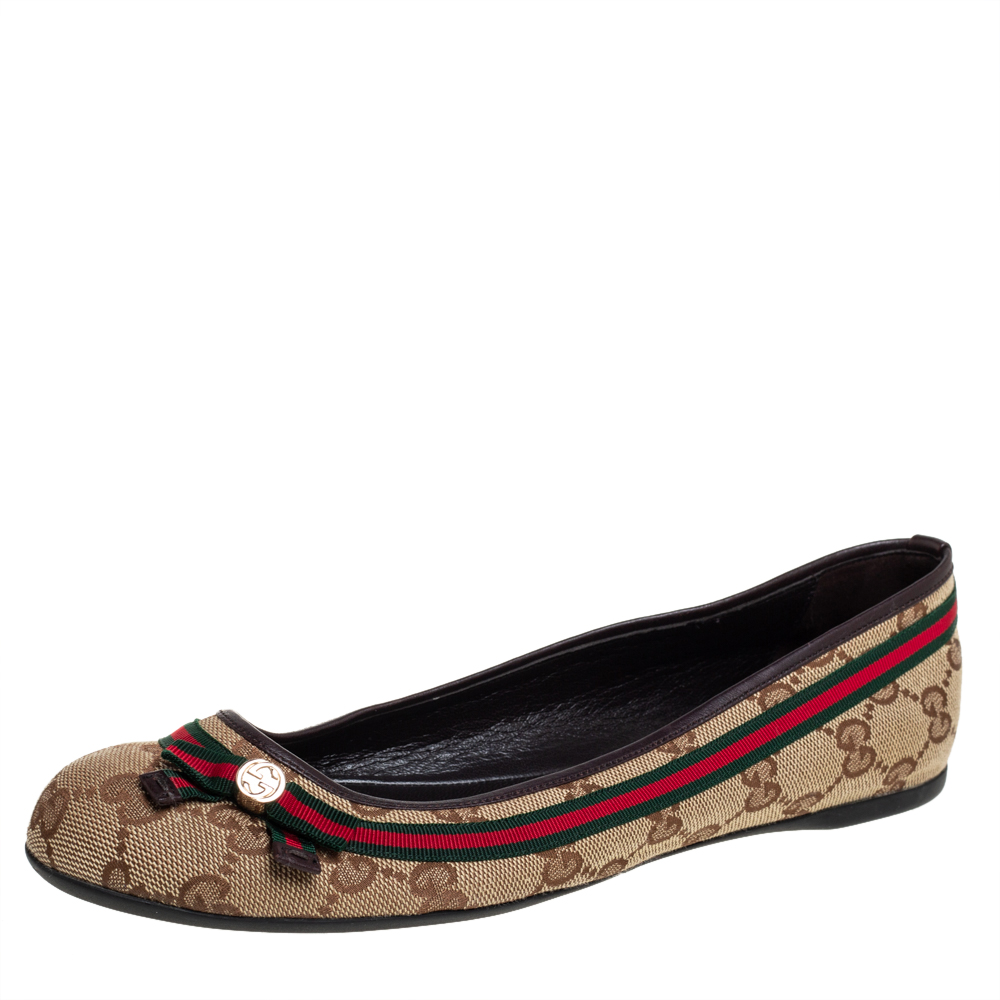Gucci Beige/Brown Leather And Canvas Mayfair Web Bow Detail Ballet Flats Size 37.5
