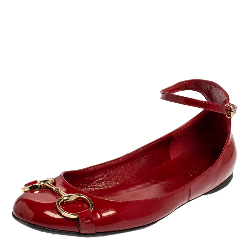Gucci Red Patent Leather Horsebit Ankle Strap Flats Size 37.5