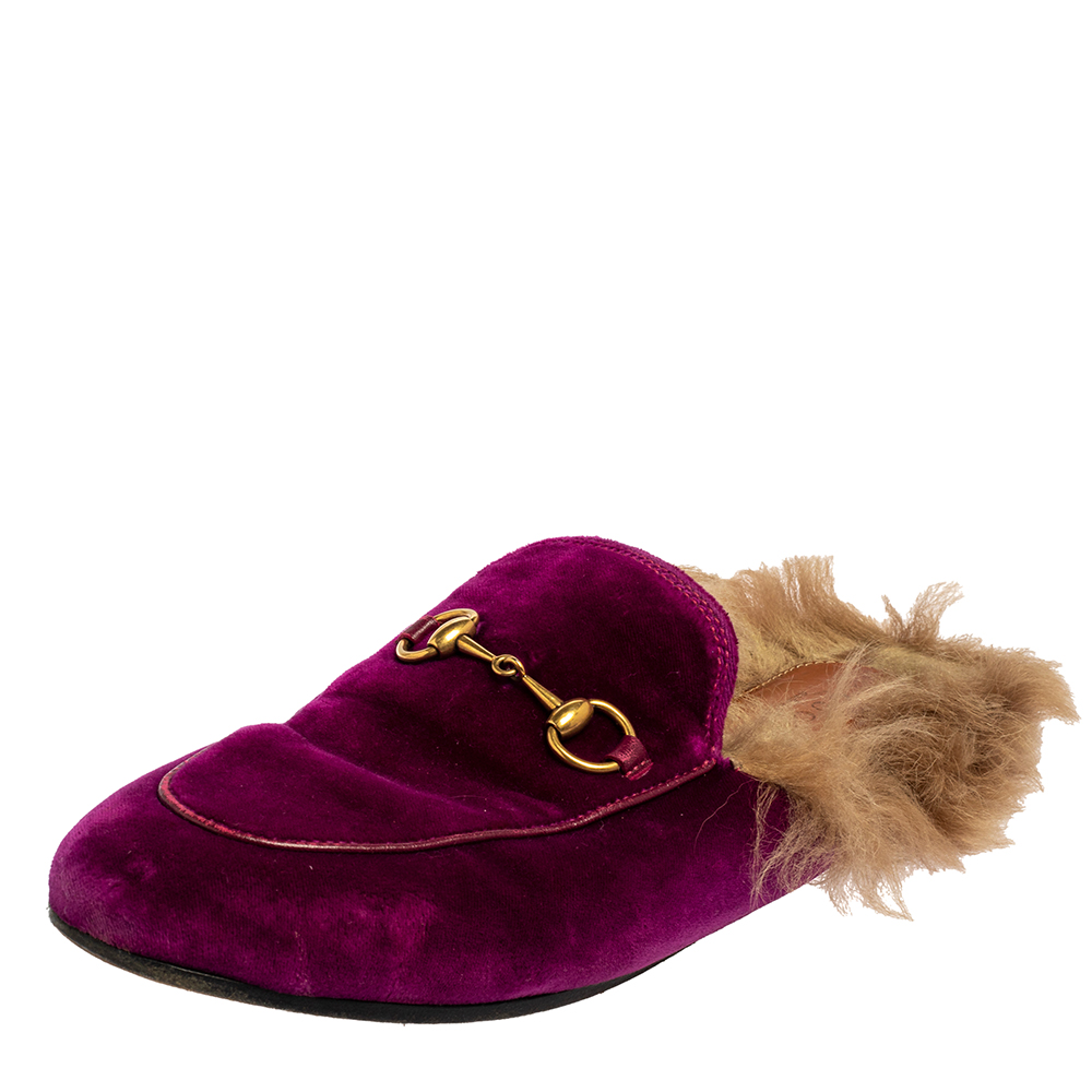 Gucci Purple Velvet And Fur Princetown Sandals Size 37.5