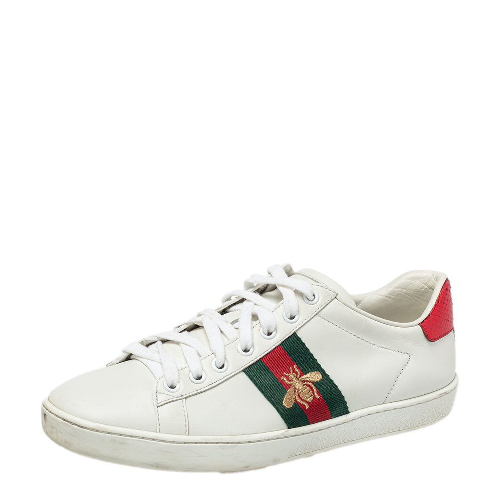 Gucci White Leather And Canvas Bee Web Sneakers Size 37.5
