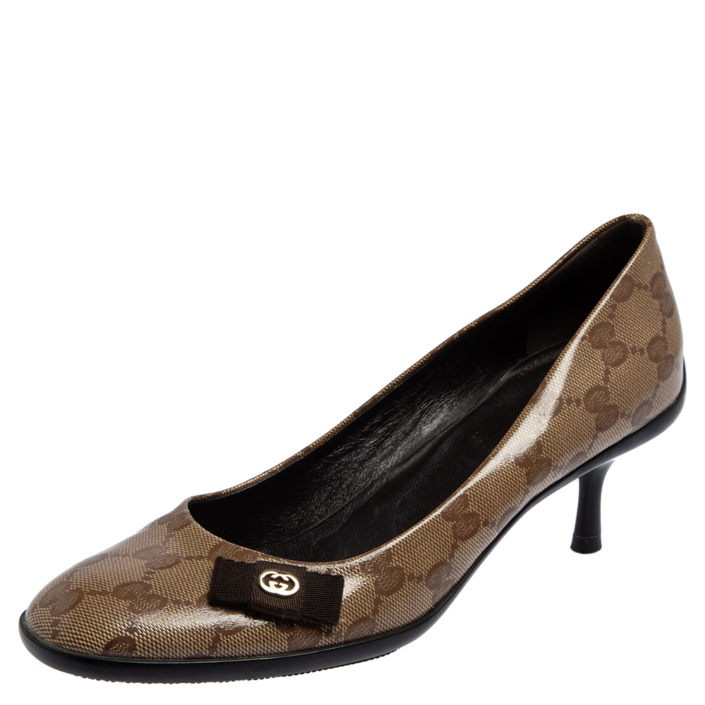 Gucci Beige/Brown GG Crystal Canvas Bow Pumps Size 36