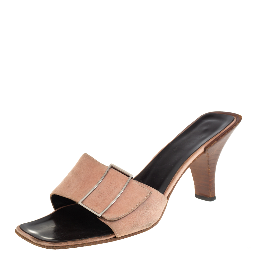 Gucci Pale Pink Suede Vintage Square Toe Slide Sandals Size 37.5