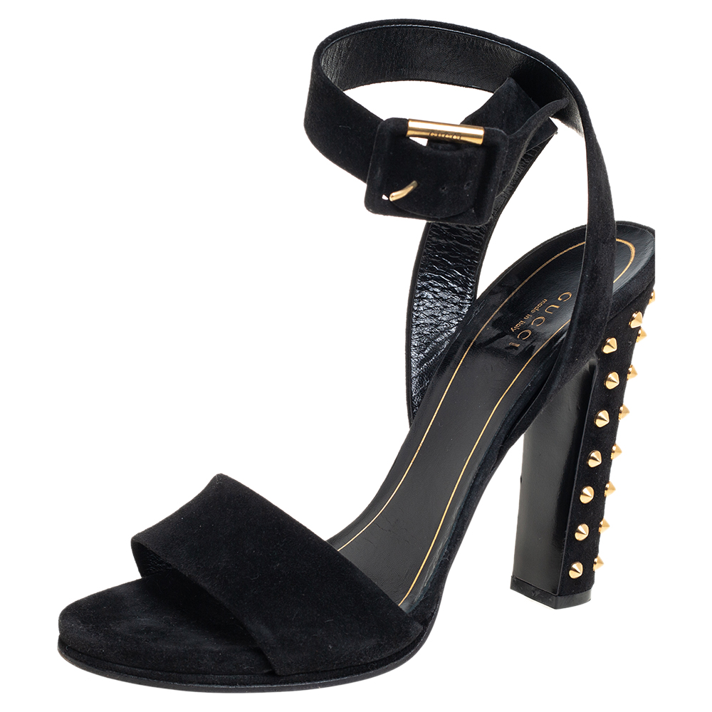 Gucci Black Suede Studded Open Toe Ankle Wrap Sandals Size 41.5