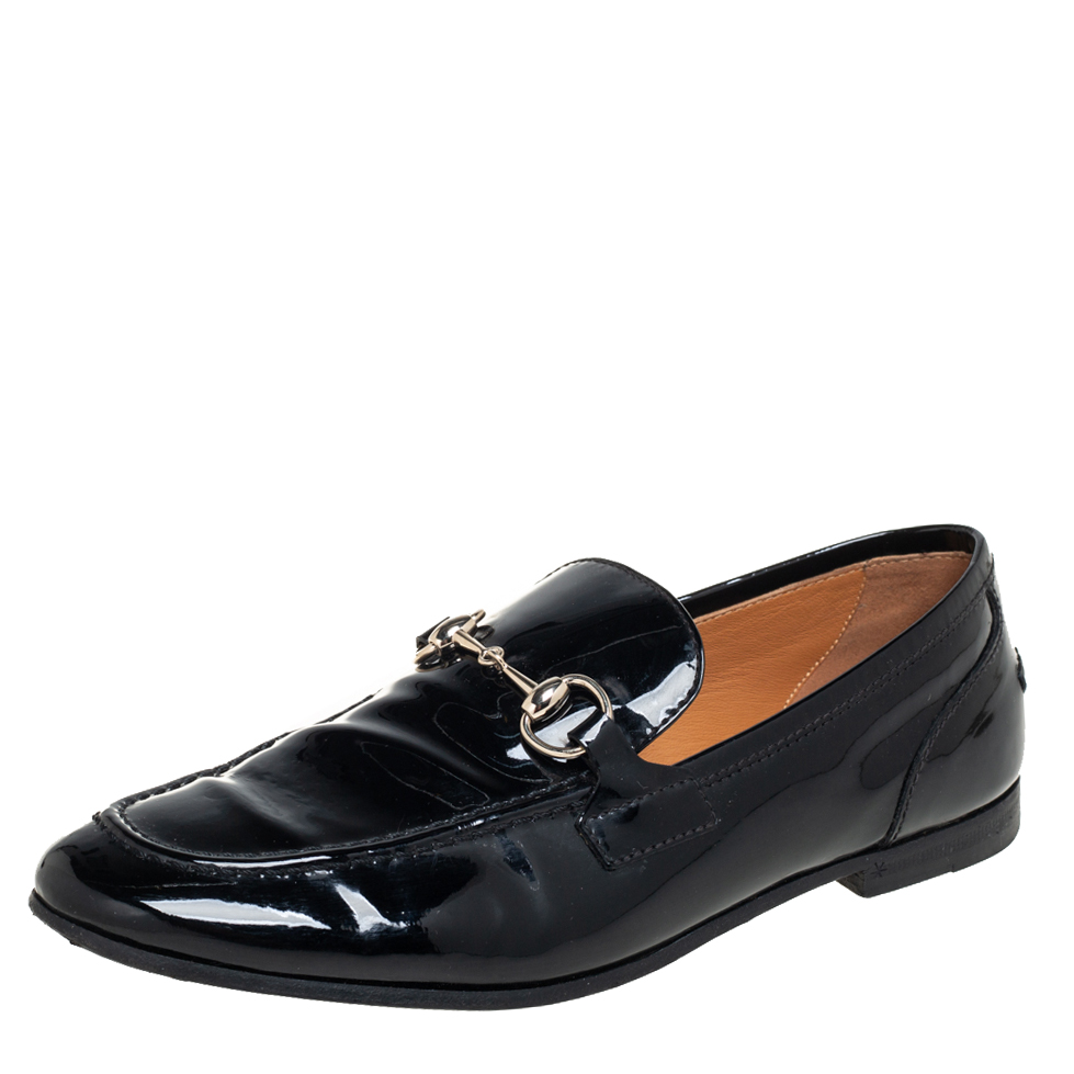 Gucci Black Patent Leather Horsebit Slip On Loafers Size 36.5