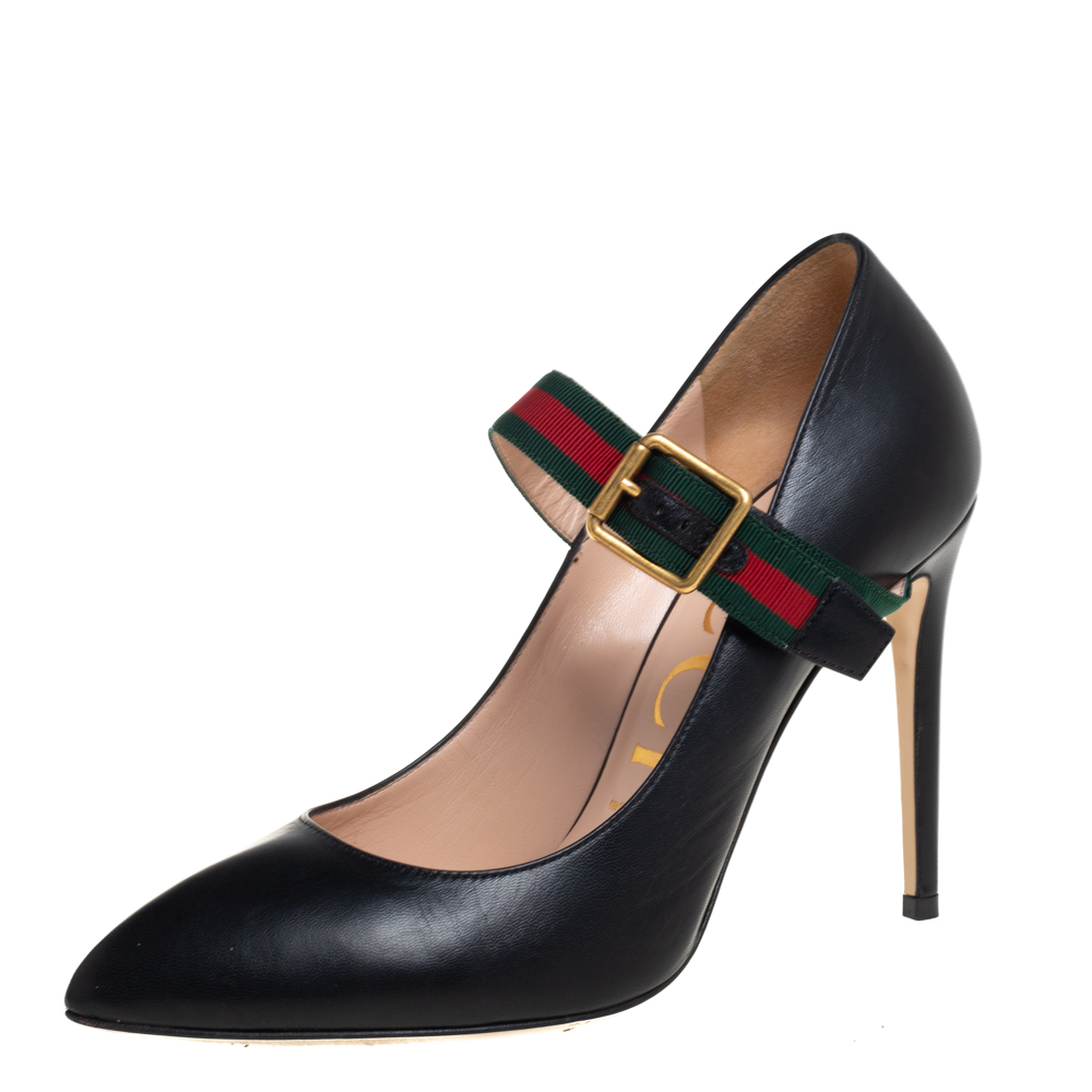 Gucci Black Leather Sylvie Mary Jane Pumps Size 38.5