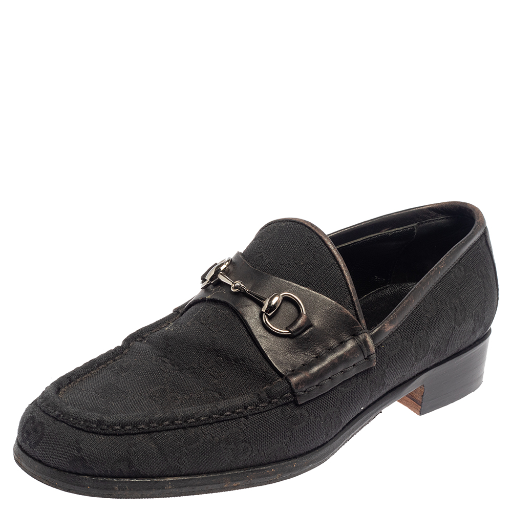 Gucci Black GG Canvas and Leather Trim Horsebit Loafers Size 39.5