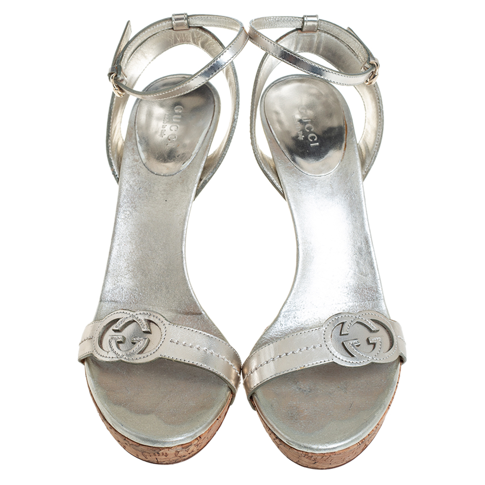 Gucci Silver Leather GG Ankle Strap Sandals Size 38.5