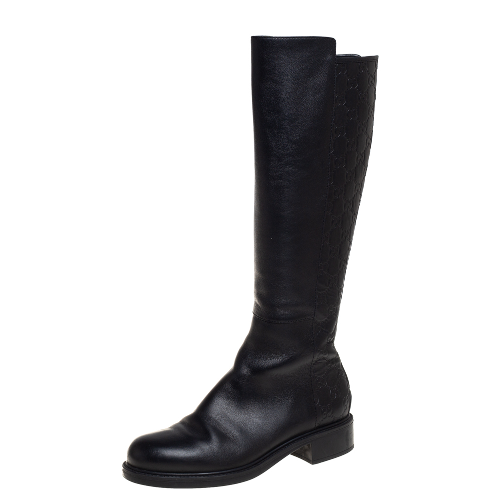 Gucci Black Guccissima Leather Knee Length Boots Size 38.5
