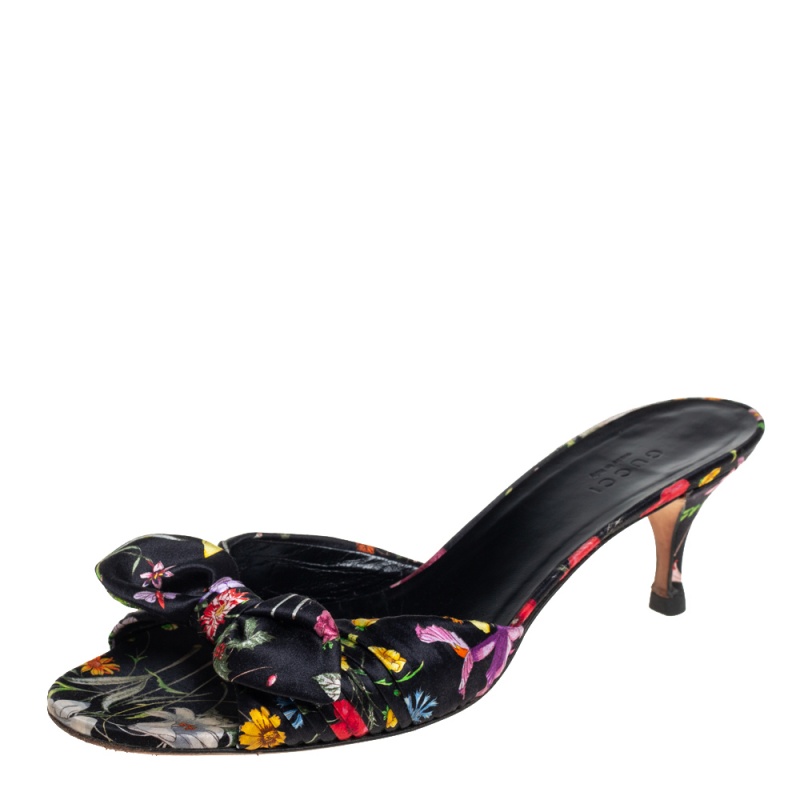 Gucci Multicolor Flower Satin Slide Sandals Size 37.5