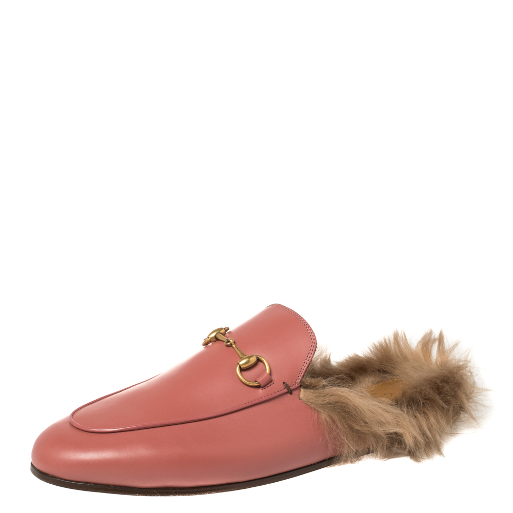 Gucci Pink Leather And Fur Princetown Sandals Size 40