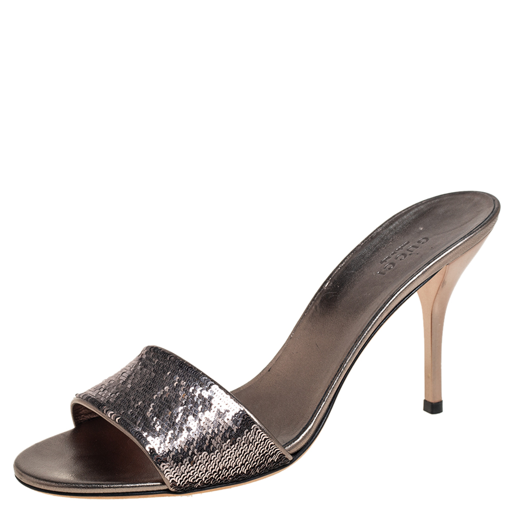 Gucci Metallic Gunmetal Sequin Embellished Slide Sandals Size 40