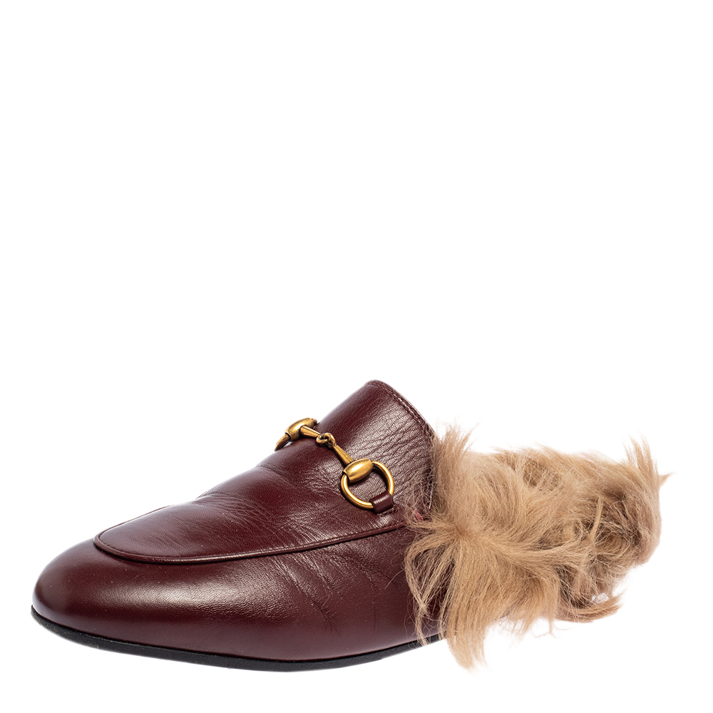 Gucci Burgundy Leather And Fur Princetown Horsebit Mules Size 37