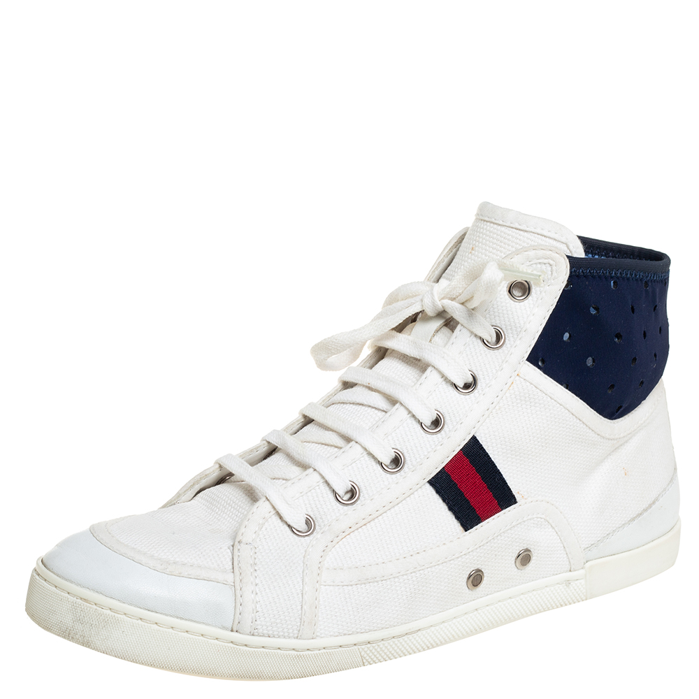 Gucci White Canvas And Leather Web High Top Sneakers Size 39