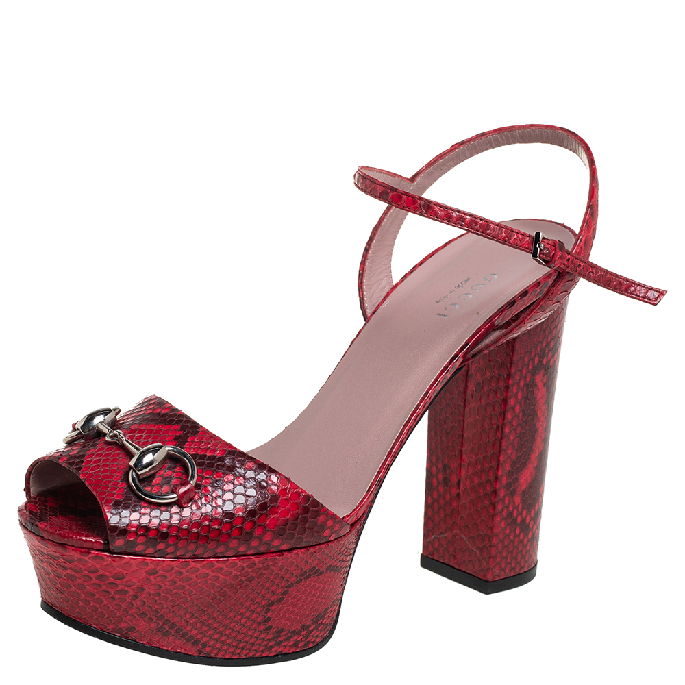 Gucci Red/Burgundy Python Leather Claudie Horsebit Platform Sandals Size 38