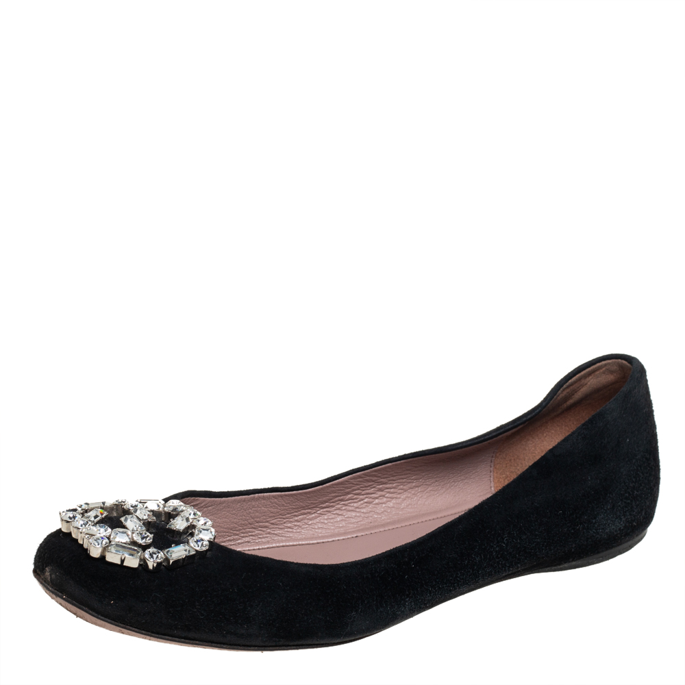 Gucci Black Suede Crystal GG Ballet Flats Size 36