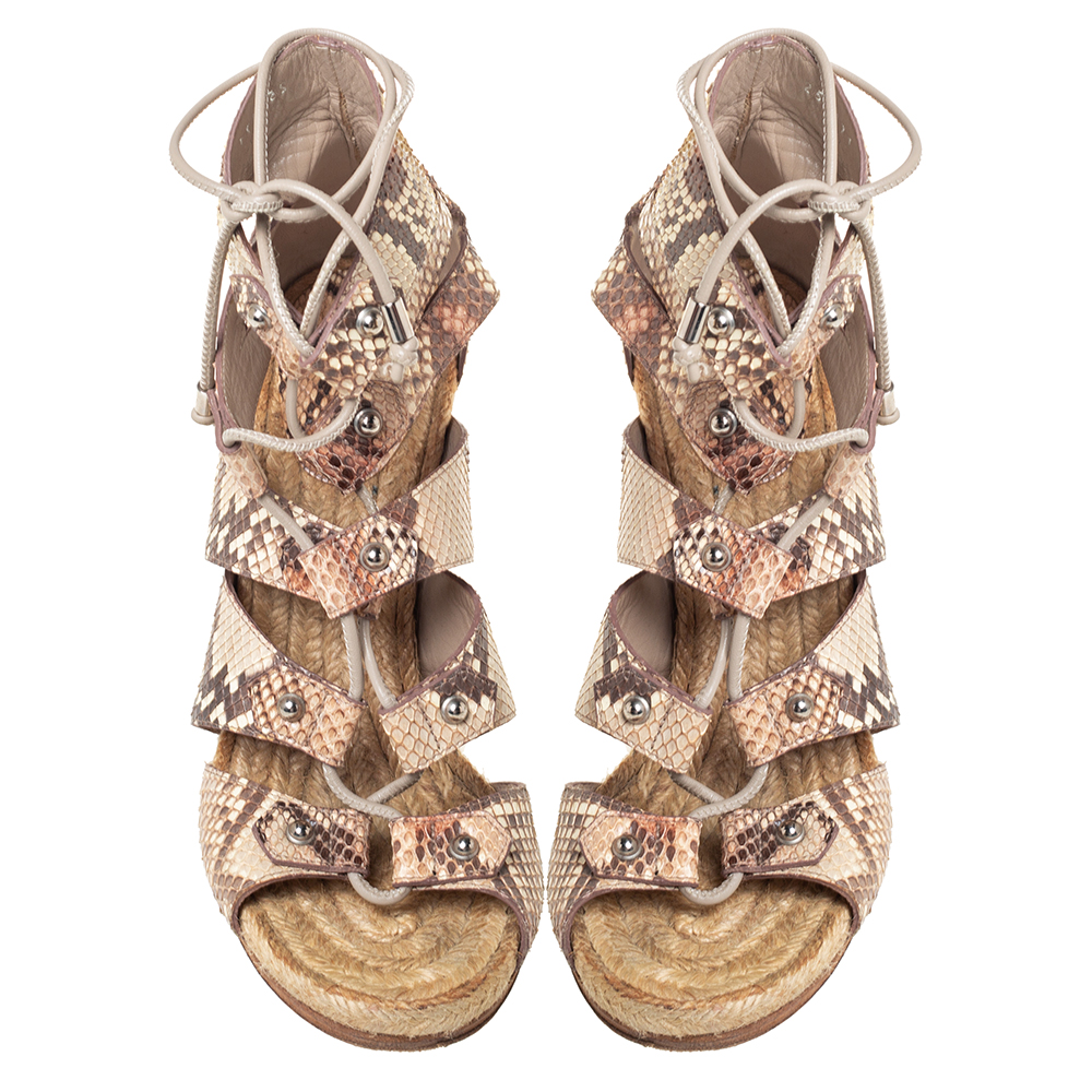 Gucci Beige/Brown Python Leather Ankle Strap Sandals Size 38