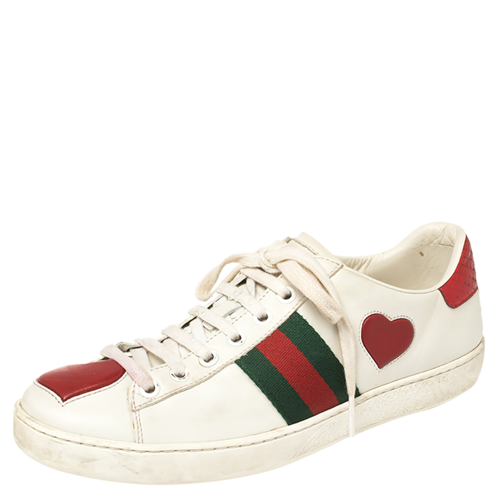 Gucci White Leather Ace Web Heart Detail Lace Up Sneakers Size 37