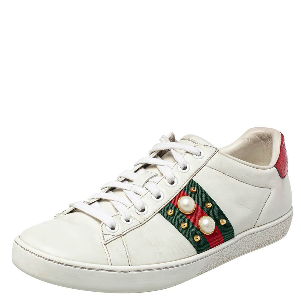 Gucci White Leather New Ace Web Faux Pearl Embellished Low Top Sneakers Size 38