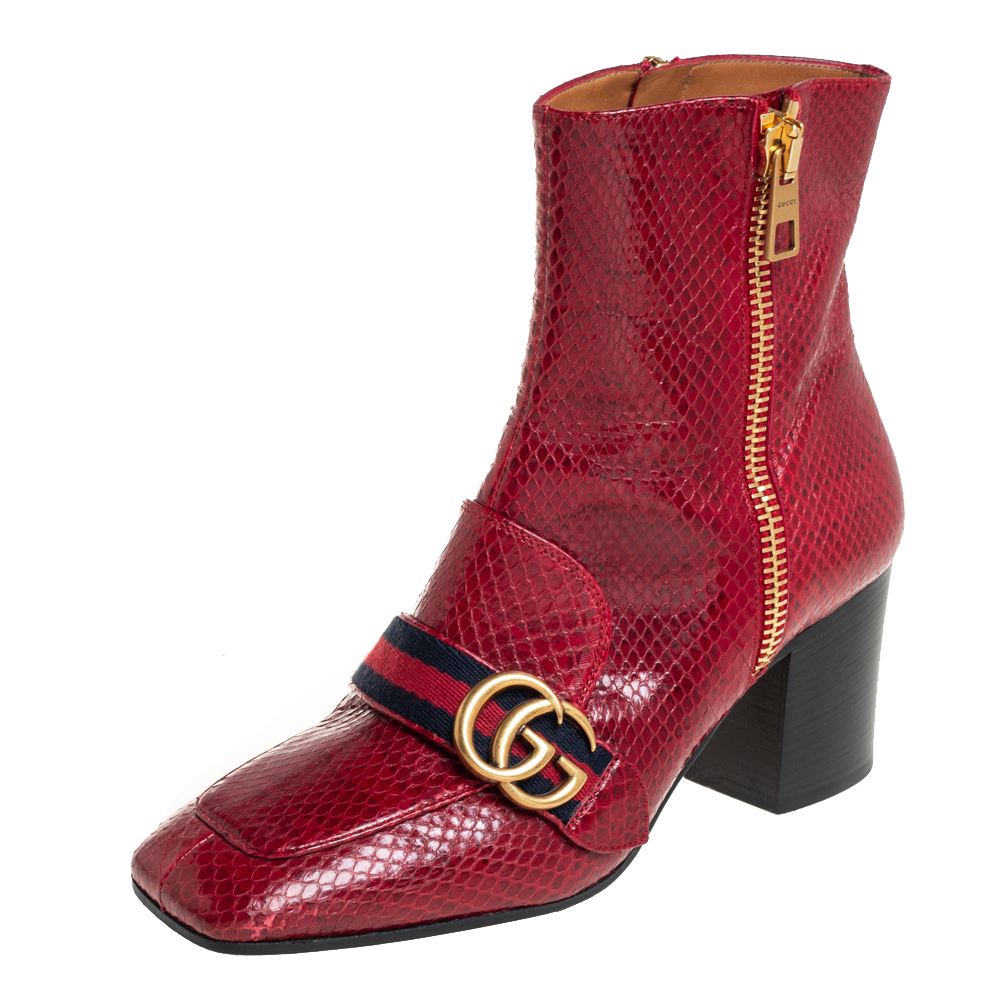 Gucci Red Python Web GG Marmont Block Heel Ankle Boots Size 37.5