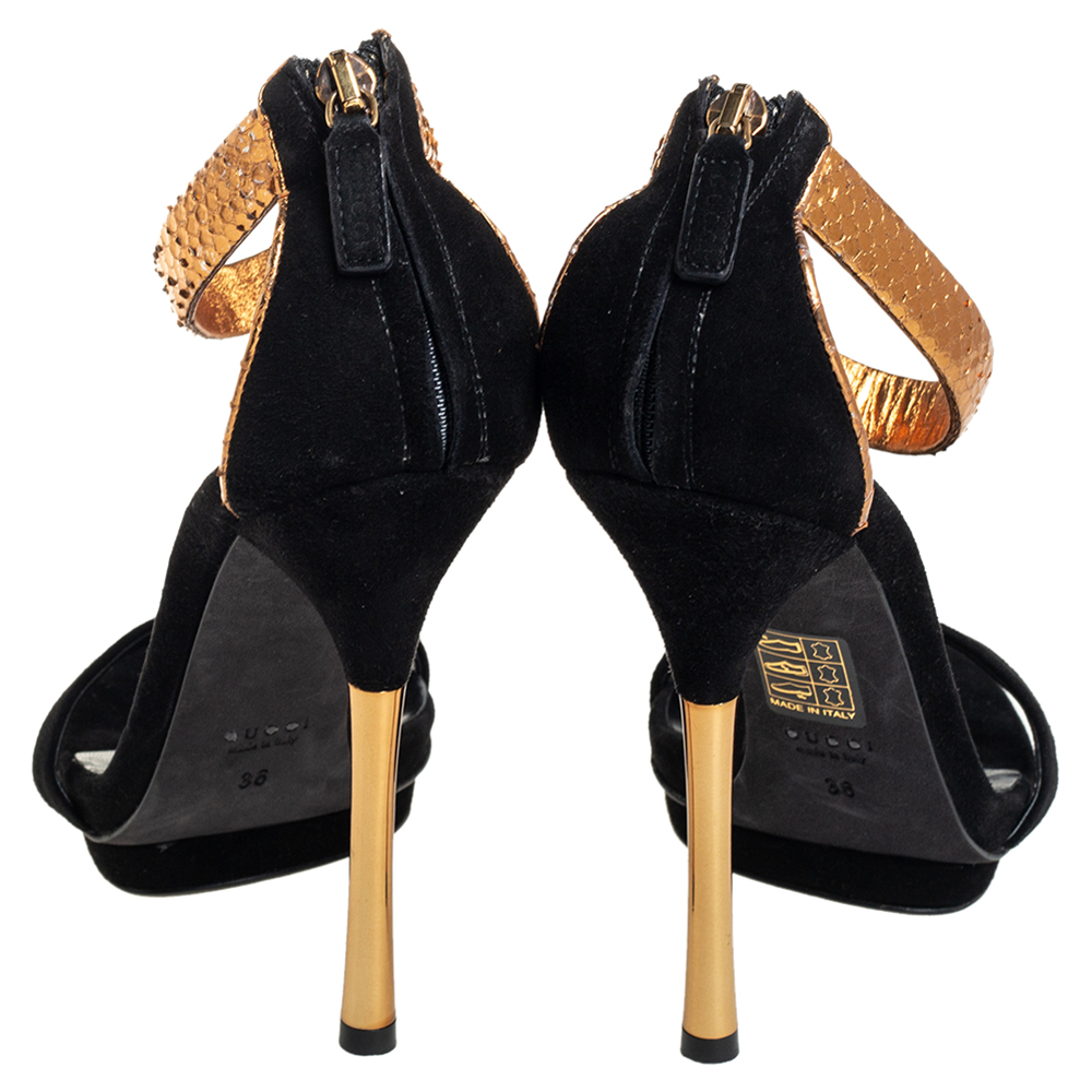 Gucci Black/Gold Suede And Python Kelis Ankle Strap Sandals Size 36