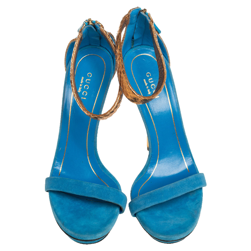 Gucci Blue/Gold Suede And Python Leather Kelis Ankle Strap Platform Sandals Size 36